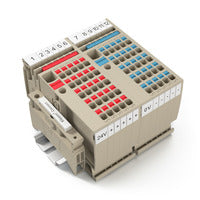 top view of a terminal block with red labeled connection ports on the left and blue labeled connection ports on the right