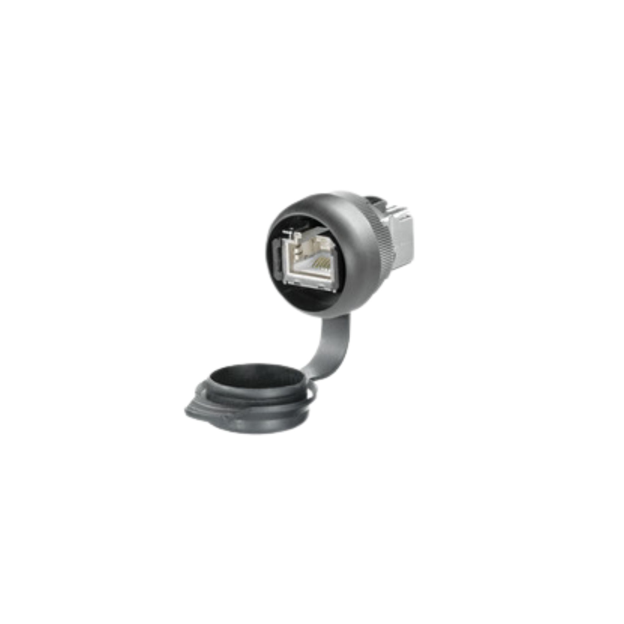 ethernet port in the center with a grey circular housing around it, with an opened cap