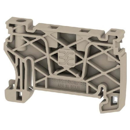 beige, rectangular feed-through terminal with grooves throughout and rail mounting on the bottom