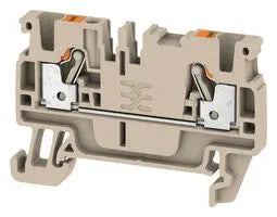 side view of a beige feed through terminal with rail mounting along the bottom