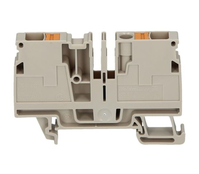 side view of a beige feed-through terminal with two long grooves in the center and rail mounting on the bottom