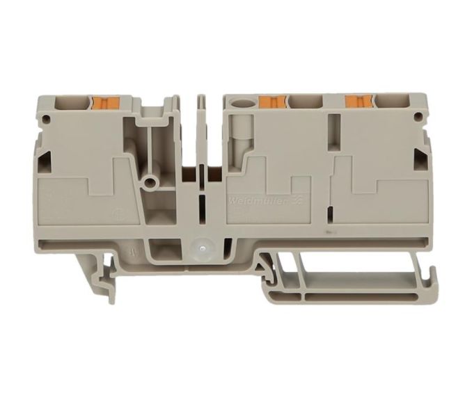 side view of a beige feed-through terminal with two grooves in the top center and rail mounting at the bottom 
