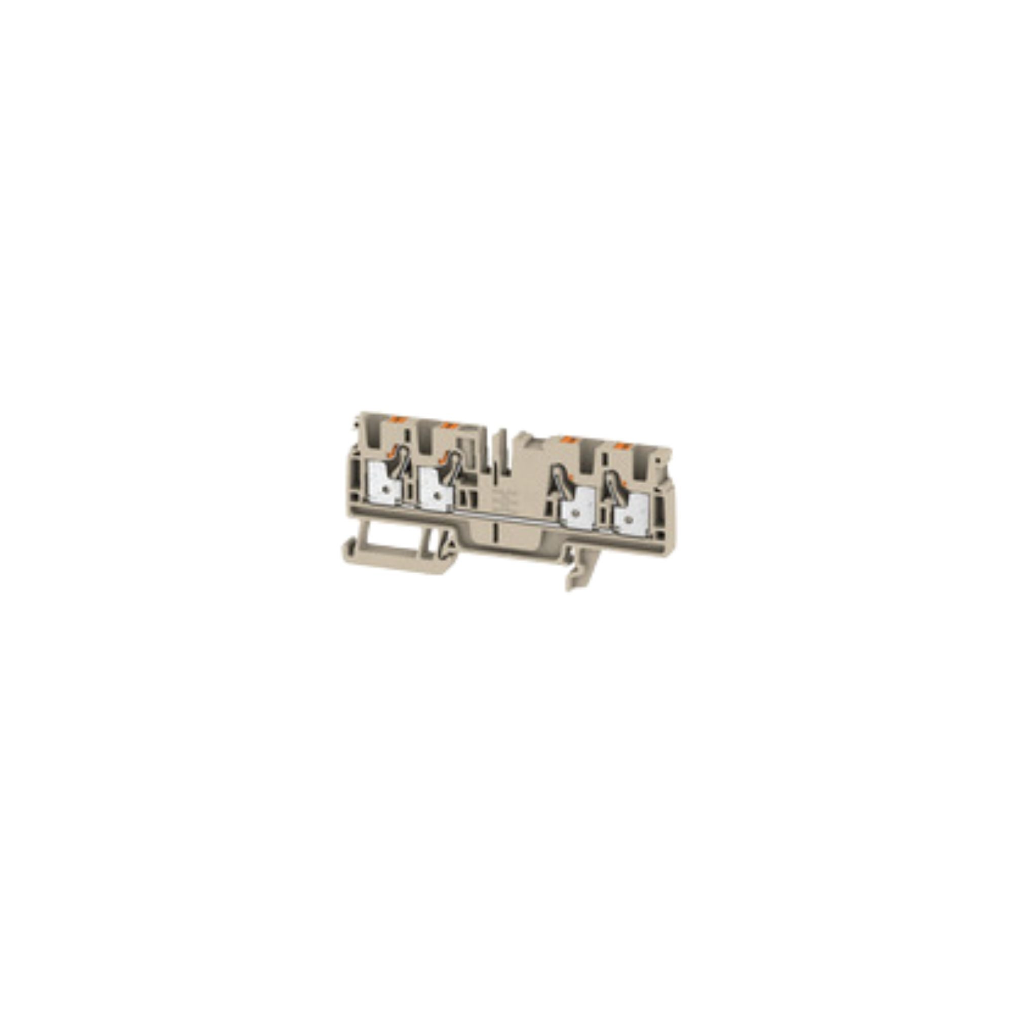 side view of a beige feed through terminal with rail mounting on the bottom