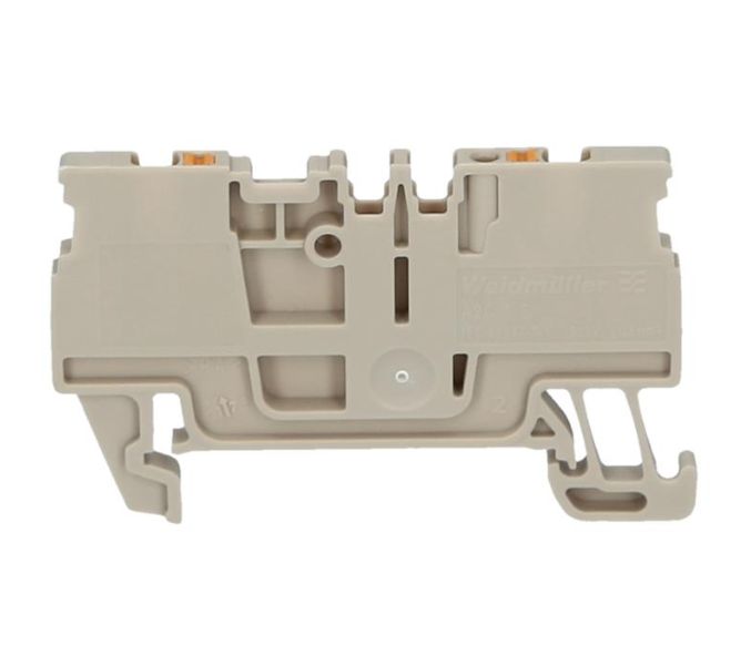 side view of a beige terminal block with tabs on the bottom for rail mounting and grooves along the top