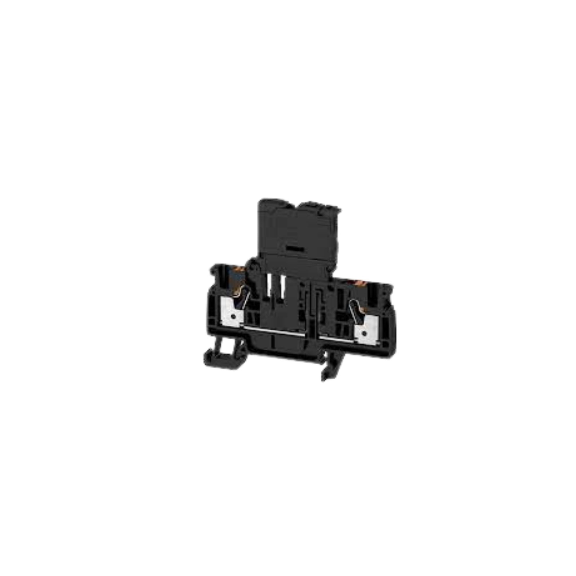 side view of a black fuse terminal with grooves throughout and rail mounting on the bottom