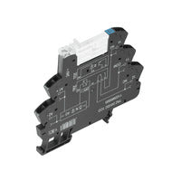 top side view of a black relay module with tiered connection points on each side