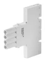 white rectangular plastic piece with four plug connectors in the center on the left side