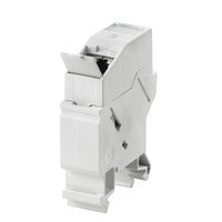 side view of a white upright outlet unit with rail mounting on the bottom