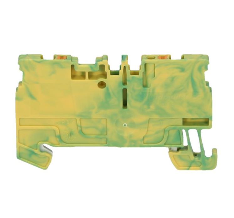 side view of a yellow and green feed through terminal with rail mounting on the bottom