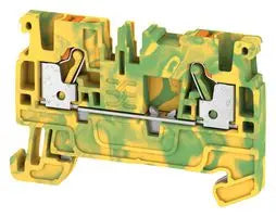 side view of a green and yellow rectangular terminal block with rail mounting along the bottom 