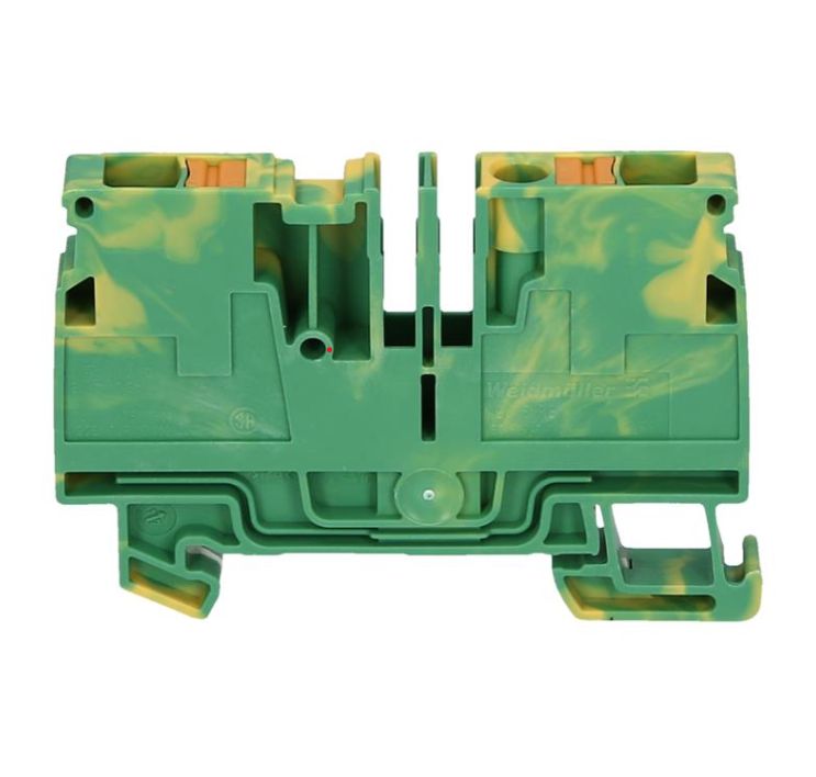 side view of a green and yellow feed-through terminal with two long grooves in the center and rail mounting at the bottom
