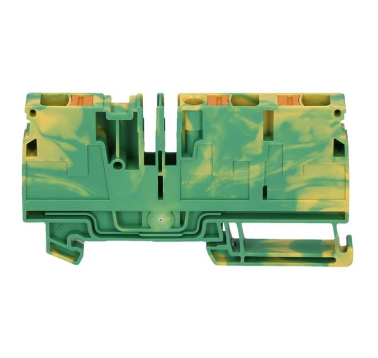 side view of a green and yellow feed-through terminal with two grooves in the top center and rail mounting at the bottom 