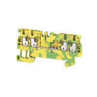 side view of a green and yellow feed through terminal with rail mounting on the bottom
