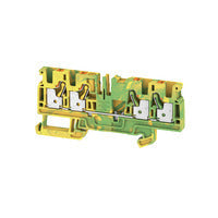 side view of a green and yellow feed-through terminal with two grooves in the top center and rail mounting at the bottom 