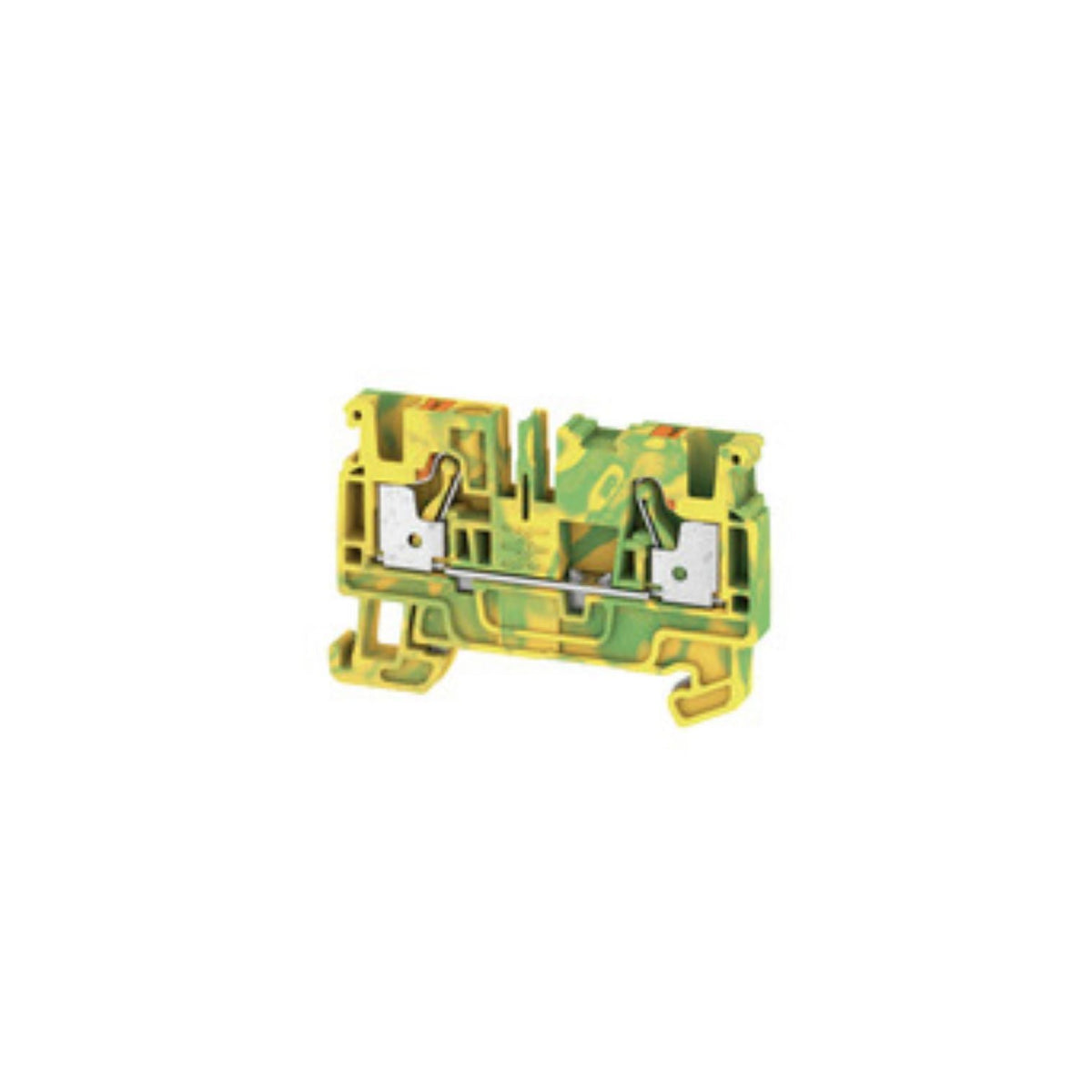 inside view of a yellow and green terminal block with mounting brackets on the bottom