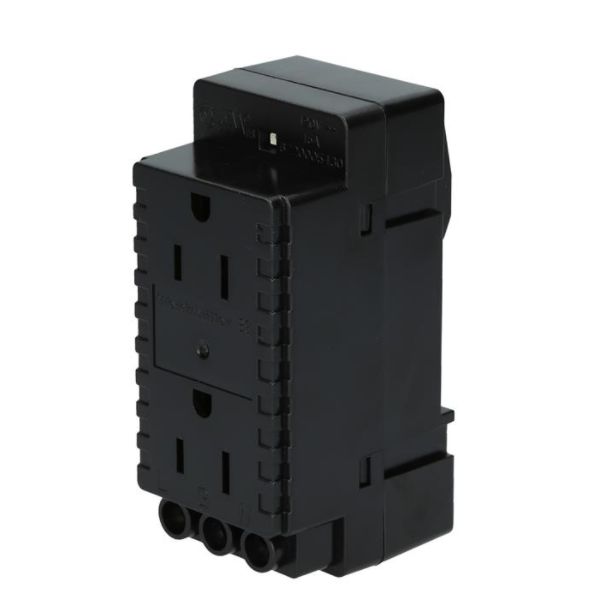black, rectangular powerl supply box with two electrical ports facing toward the left