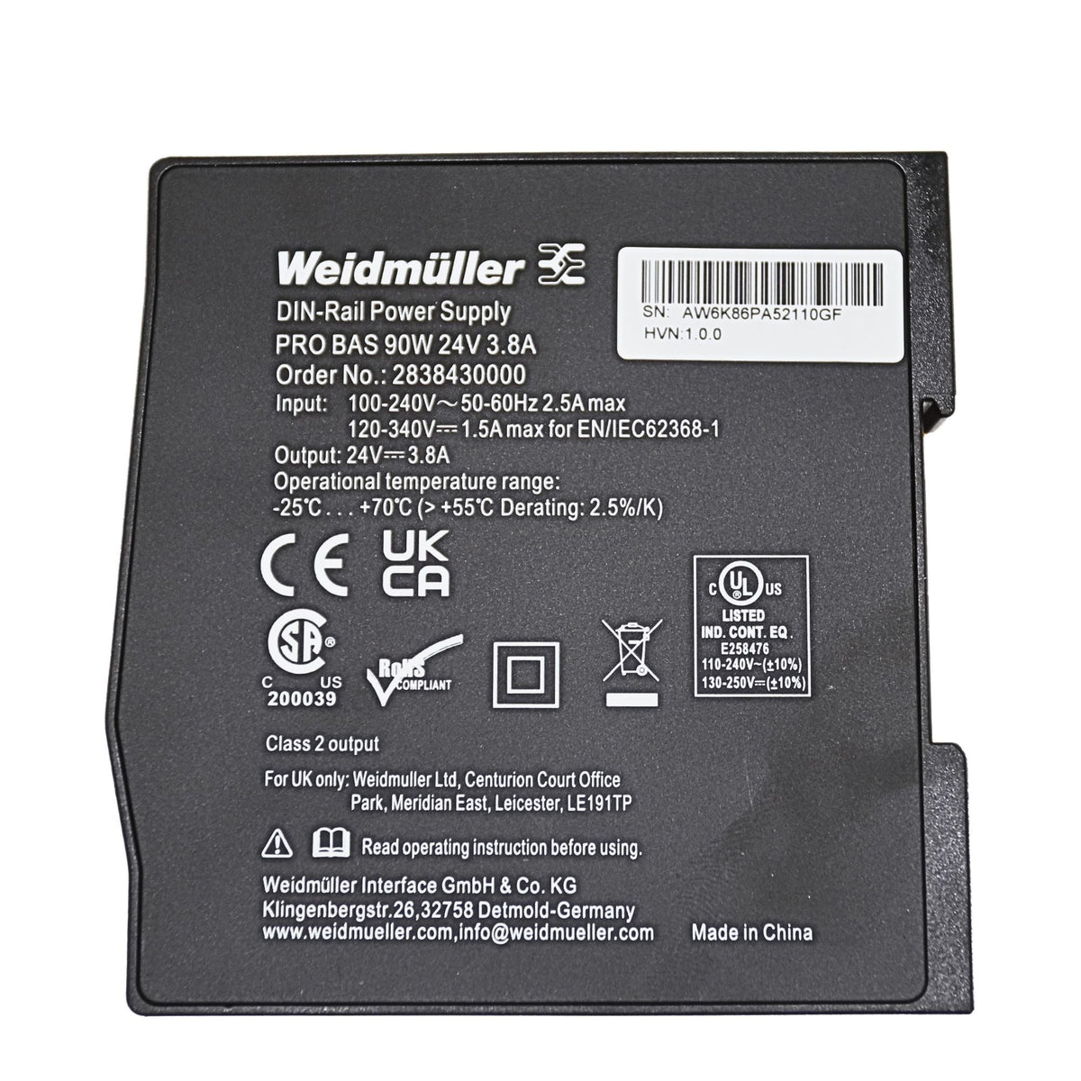 Weidmuller | PRO BAS 90W 24V 3.8A Power Supply | 2838430000