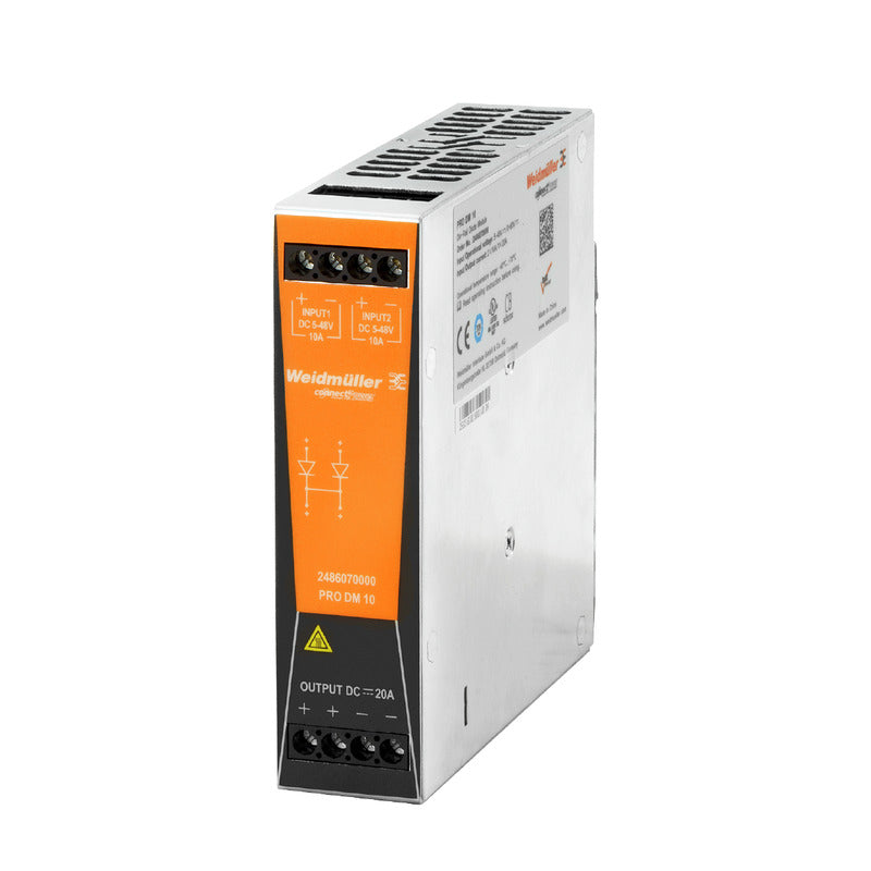upright rectangular power supply unit with four DC outputs in the front at the bottom, and four DC inputs at the top