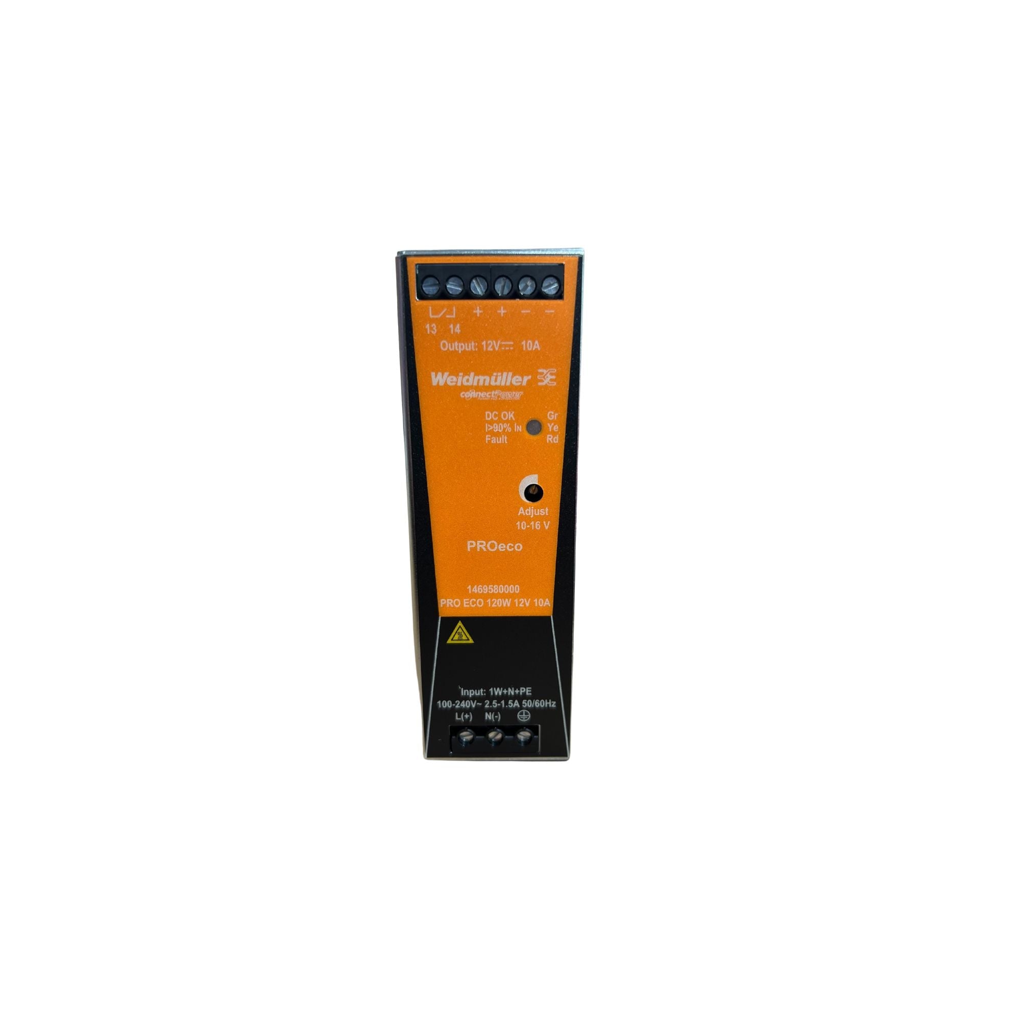 upright rectangular power supply unit with orange label in the front