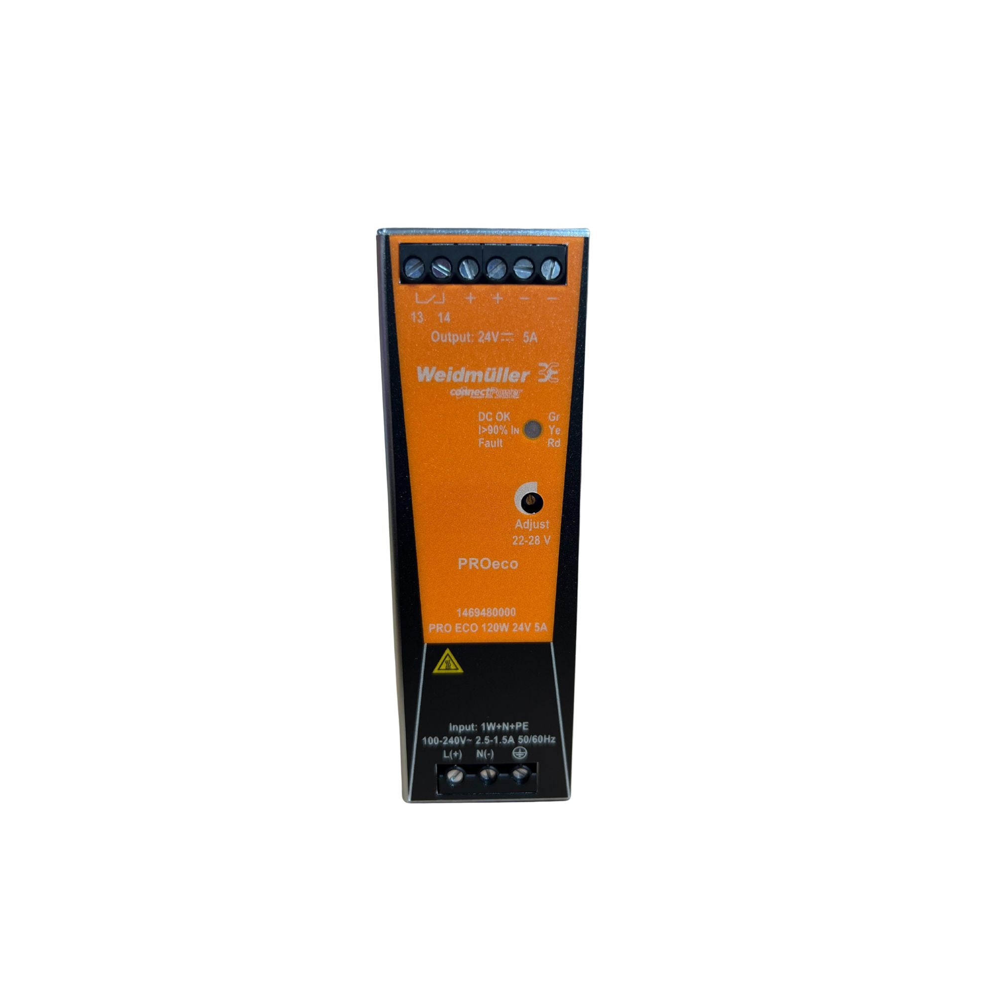 upright rectangular power supply unit with an orange label on the front