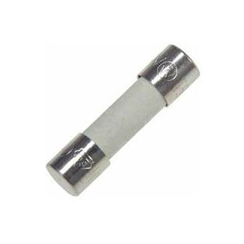 side view of a diagonally placed cartridge fuse with metal tips and a white center