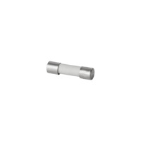 side view of a white tubular shaped fuse with metal caps on the ends