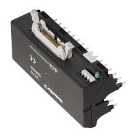 top view of relay terminal with black housing, a white piece at the top and connector points along the right side