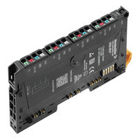 side view of diagonal positioned, black, flat, rectangular power module with multi-colored connections along the top