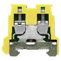 front view of terminal block with yellow housing along the side and top, two screws in the top and a metal clamp on the bottom