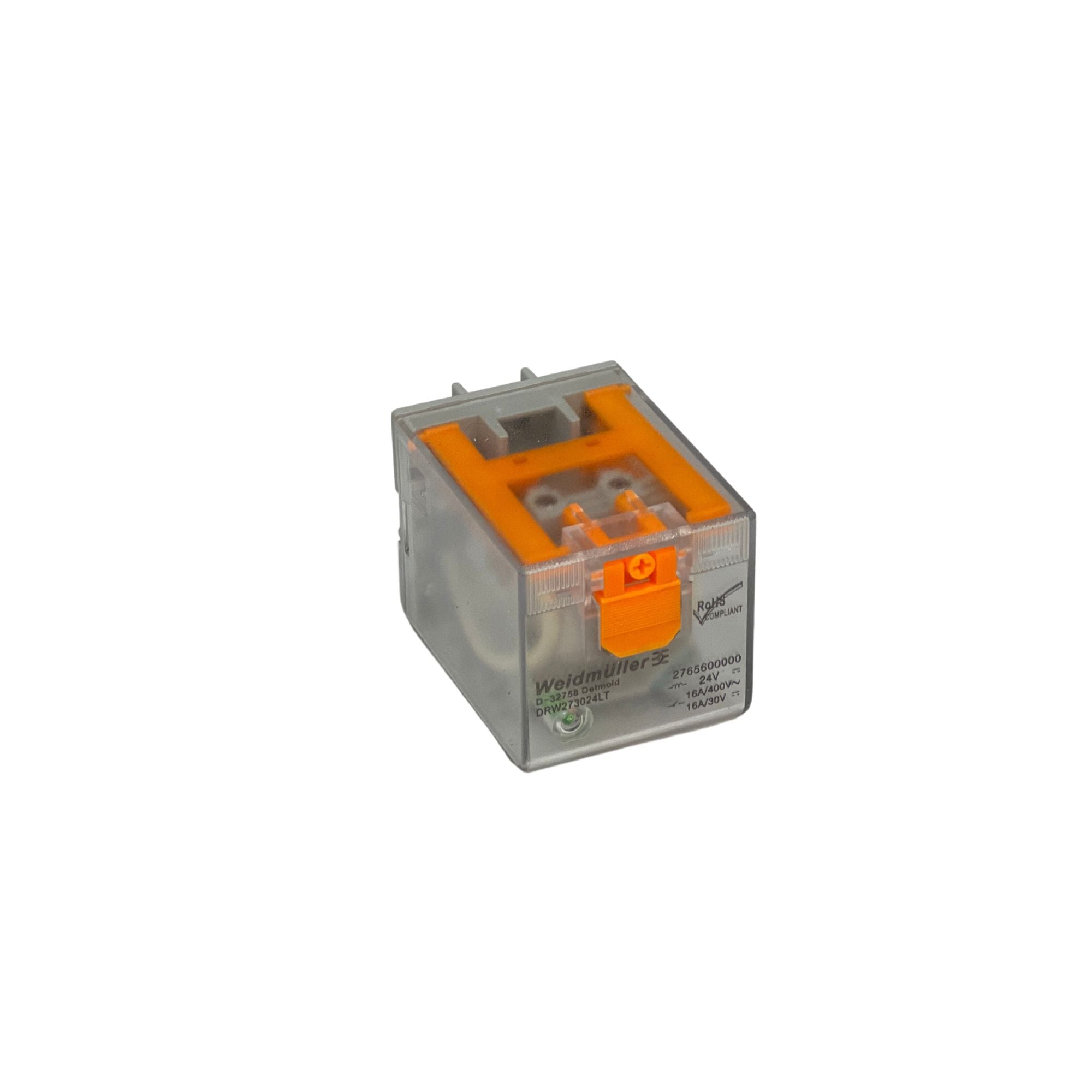 clear cube shaped relay with 4 prongs on back
