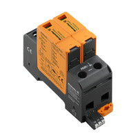 top side view of a black and yellow surge voltage arrester