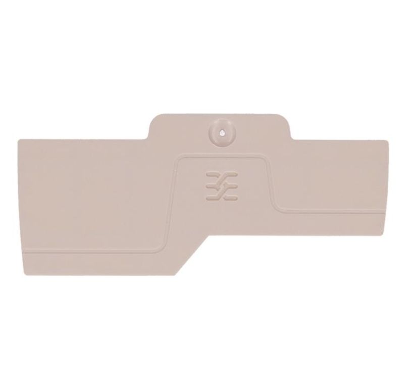 beige, flat end plate with a tab on the top, and a wider end on the left and a narrower end on the right