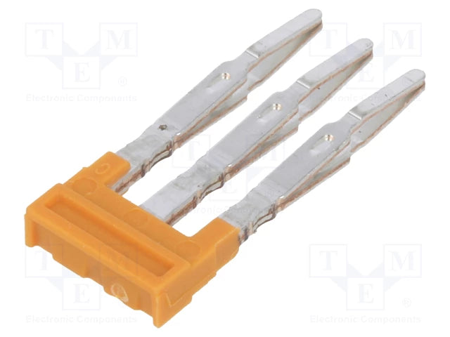 top view of a cross connector with an orange plastic piece on the bottom left and three long metal connectors pointing out toward the top right