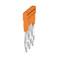  side view of a terminal connector with an orange piece at the top and three metal connector points pointing downward 