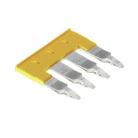 Terminal connector laying flat with the yellow base on the left and four metal connectors pointing toward the right