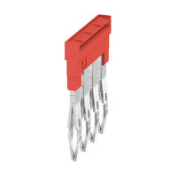 side view of a red cross-connector with four metal connectors pointing downward