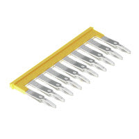 top view a terminal connector with a yellow piece on the left and ten metal connector points pointing toward the right