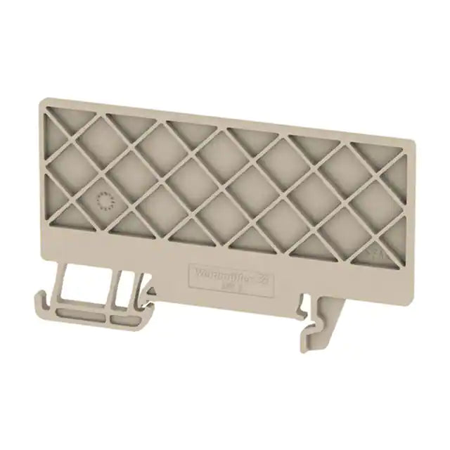 side view of a beige rectangular terminal partion plate with rail mounting along with bottom