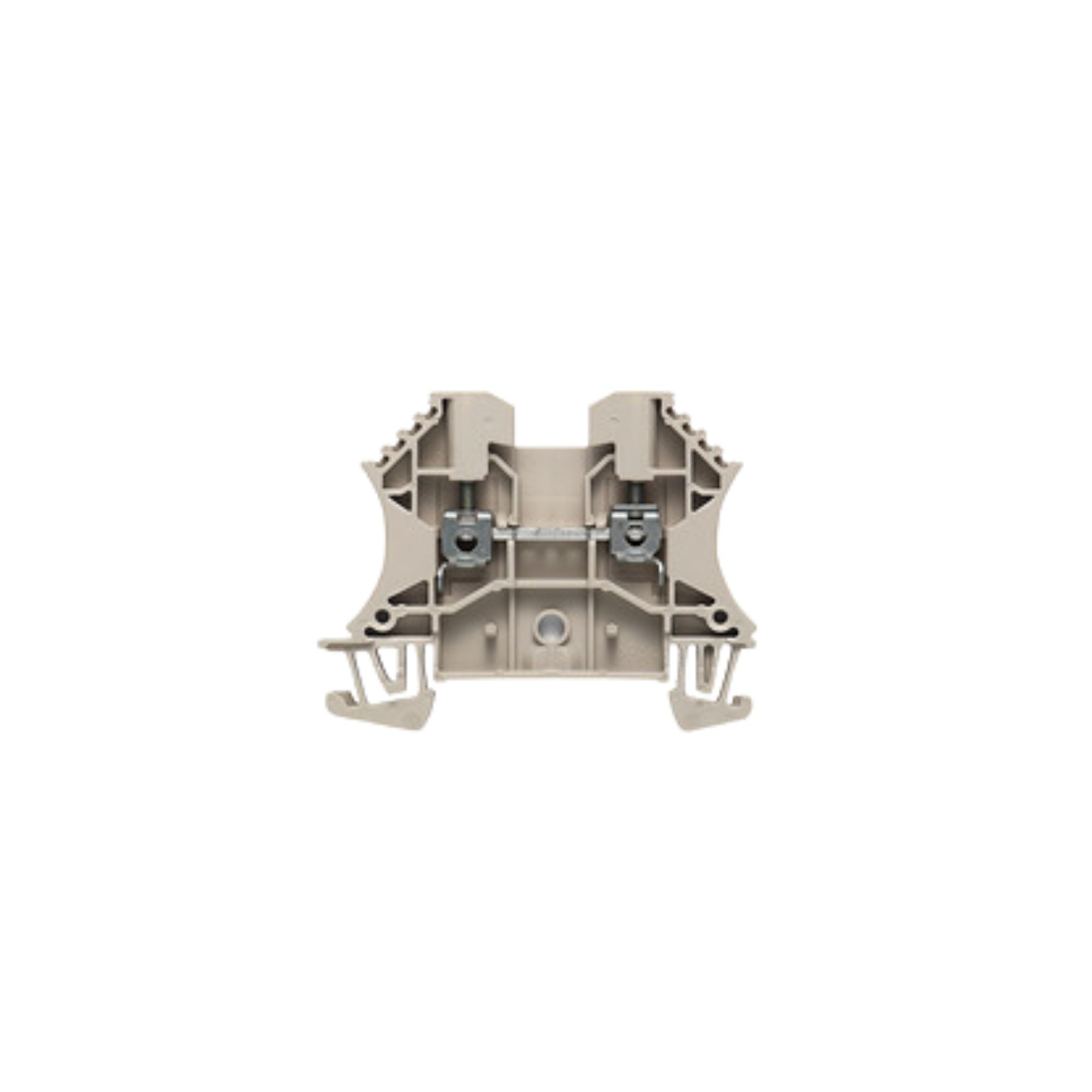 side view of a beige feed through terminal with rail mounting along the bottom