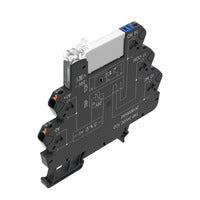 top side view of a black relay module with tiered connection points on each side