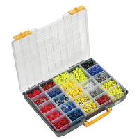 accessory box with an open clear lid and red, blue, and yellow pieces separated into compartments