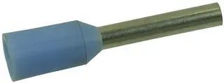 side view of a wire-end ferrule with a blue insulator collar on the left side and a metal contact on the right side
