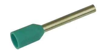 side view of a wire-end ferrule with a turqoise insulator collar on the left and a copper contact on the right