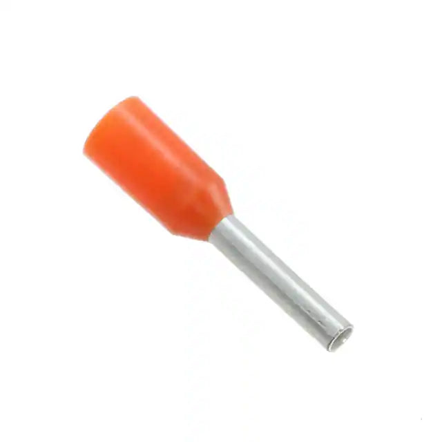top view of a wire end ferrule with an orange insulator and a metal contact