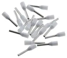 top view of 23 wire-end ferrules with white insulators and metal contacts