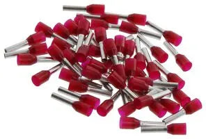 pile of wire-end ferrules with red insulators and metal contacts