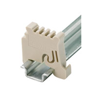 side view of a beige end bracket with grooves on top, attached to a metal rail