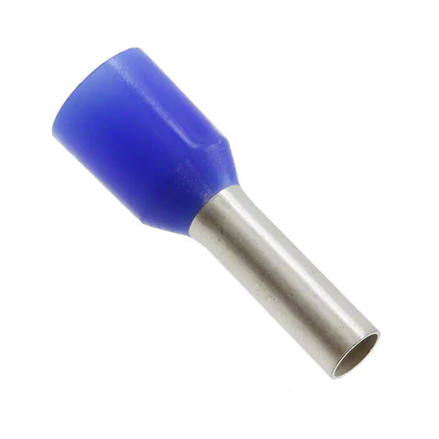 side view of a ferrule with a blue insulator at the top left and a metal contact on the bottom right