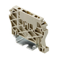 side view of a beige end bracket with a metal mounting plate on the bottom