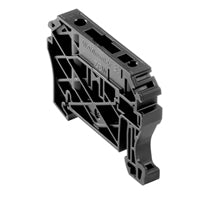 top side view of a black end bracket with grooves for rail mounting on the bottom